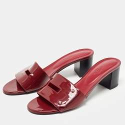 Hermes Burgundy Patent Leather View Slide Sandals Size 38.5