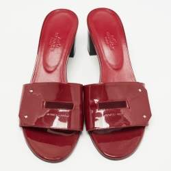 Hermes Burgundy Patent Leather View Slide Sandals Size 38.5