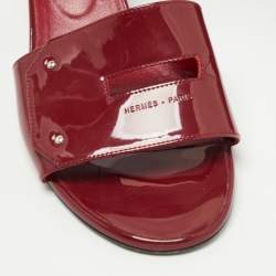 Hermes Burgundy Patent Leather View Slide Sandals Size 38.5