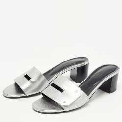 Hermes Silver Leather Very Block Heel Sandals Size 38.5