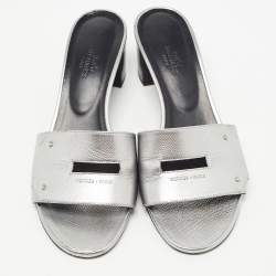 Hermes Silver Leather Very Block Heel Sandals Size 38.5