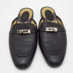 Pre Owned Hermes Black Leather Oz Flat Mules Size 41