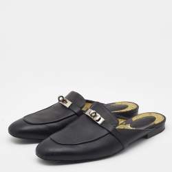 Pre Owned Hermes Black Leather Oz Flat Mules Size 41