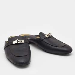 Pre Owned Hermes Black Leather Oz Flat Mules Size 41