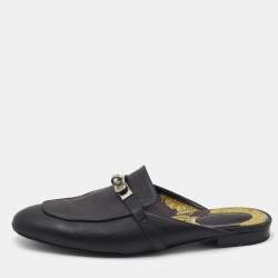 Pre Owned Hermes Black Leather Oz Flat Mules Size 41