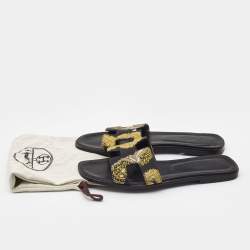 Hermes Black/Yellow Sous L'Egide de Mars Printed Canvas Oran Flat Slides Size 41