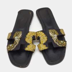 Hermes Black/Yellow Sous L'Egide de Mars Printed Canvas Oran Flat Slides Size 41