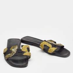 Hermes Black/Yellow Sous L'Egide de Mars Printed Canvas Oran Flat Slides Size 41
