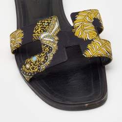 Hermes Black/Yellow Sous L'Egide de Mars Printed Canvas Oran Flat Slides Size 41