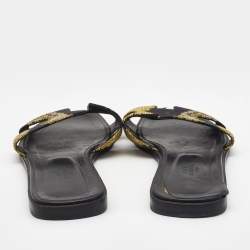 Hermes Black/Yellow Sous L'Egide de Mars Printed Canvas Oran Flat Slides Size 41
