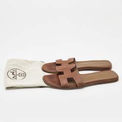 Hermes Brown Leather Oran Flat Slides Size 41