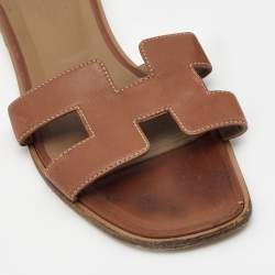 Hermes Brown Leather Oran Flat Slides Size 41