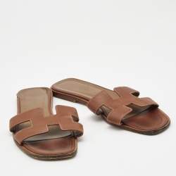 Hermes Brown Leather Oran Flat Slides Size 41