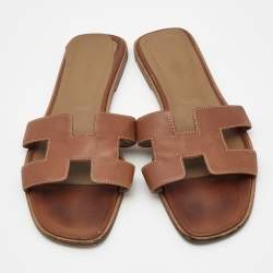 Hermes Brown Leather Oran Flat Slides Size 41