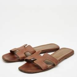 Hermes Brown Leather Oran Flat Slides Size 41