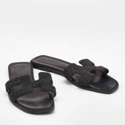 Pre Owned Hermes Black Suede And Glitter Oran Flat Sandals Size 41 