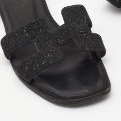 Pre Owned Hermes Black Suede And Glitter Oran Flat Sandals Size 41 