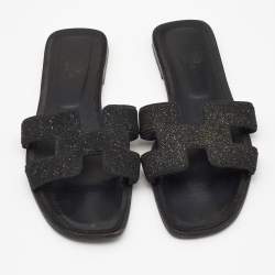 Pre Owned Hermes Black Suede And Glitter Oran Flat Sandals Size 41 