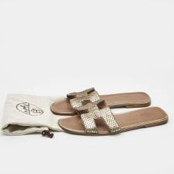 Hermes Two Tone Python Leather Oran Flat Sandals Size 41