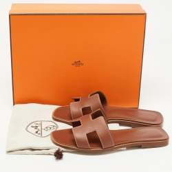 Hermes Brown Leather Oran Flat Slides Size 37