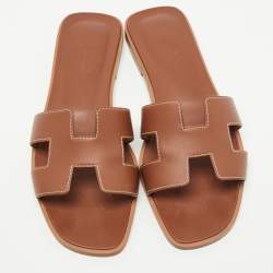 Hermes Brown Leather Oran Flat Slides Size 37