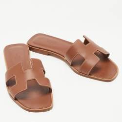 Hermes Brown Leather Oran Flat Slides Size 37