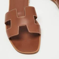 Hermes Brown Leather Oran Flat Slides Size 37