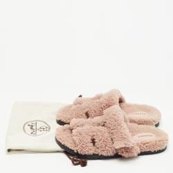 Pre Owned Hermes Pink Shearling Chypre Flat Slides Size 38 