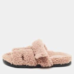 Pre Owned Hermes Pink Shearling Chypre Flat Slides Size 38 