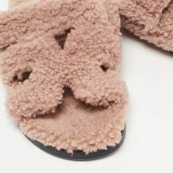 Pre Owned Hermes Pink Shearling Chypre Flat Slides Size 38 