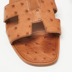 Hermes Brown Ostrich Leather Oran Flat Slides Size 38