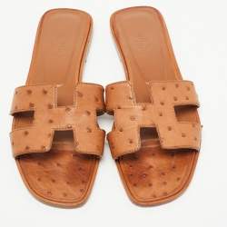 Hermes Brown Ostrich Leather Oran Flat Slides Size 38