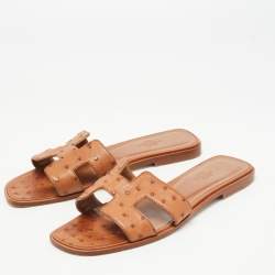 Hermes Brown Ostrich Leather Oran Flat Slides Size 38