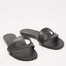 Hermes Black Leather Lisboa Flat Slides Size 38