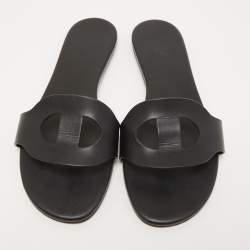Hermes Black Leather Lisboa Flat Slides Size 38