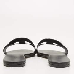 Hermes Black Leather Lisboa Flat Slides Size 38