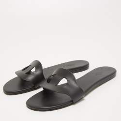 Hermes Black Leather Lisboa Flat Slides Size 38