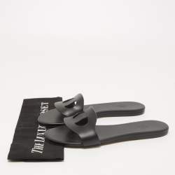 Hermes Black Leather Lisboa Flat Slides Size 38