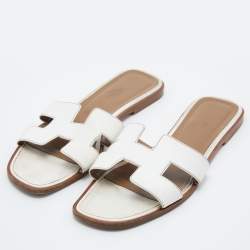 Pre Owned Hermes White Leather Oran Slide Sandals Size 39