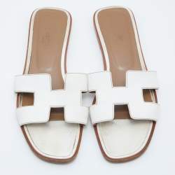 Pre Owned Hermes White Leather Oran Slide Sandals Size 39