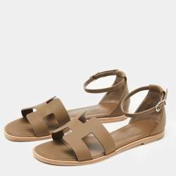 Hermes Olive Green Leather Santorini Ankle Strap Sandals Size 38