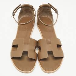 Hermes Olive Green Leather Santorini Ankle Strap Sandals Size 38