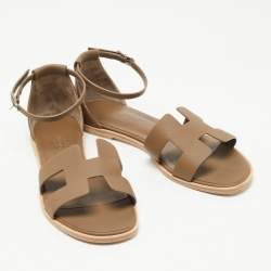 Hermes Olive Green Leather Santorini Ankle Strap Sandals Size 38