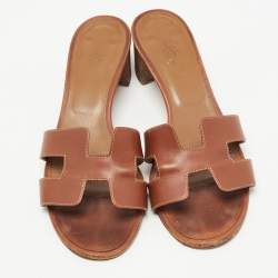 Hermes Brown Leather Oasis Slide Sandals Size 38