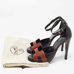 Hermes Black/Brown Leather Initiale Ankle Strap Sandals Size 36.5