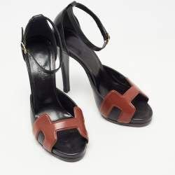 Hermes Black/Brown Leather Initiale Ankle Strap Sandals Size 36.5