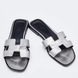 Hermes Silver Leather Oran Slide Flats Size 35.5