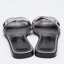 Hermes Silver Leather Oran Slide Flats Size 35.5