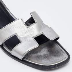 Hermes Silver Leather Oran Slide Flats Size 35.5