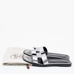 Hermes Silver Leather Oran Slide Flats Size 35.5